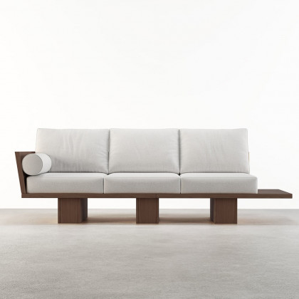 HMR - 97" Walnut Japandi Solid Wood Living Room Sofa 3-Seater Cotton & Linen Upholstery