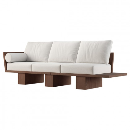 HMR - 97" Walnut Japandi Solid Wood Living Room Sofa 3-Seater Cotton & Linen Upholstery