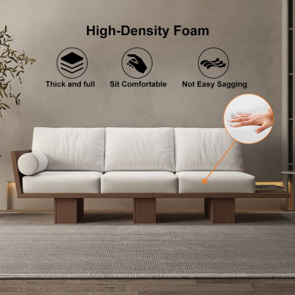 HMR - 97" Walnut Japandi Solid Wood Living Room Sofa 3-Seater Cotton & Linen Upholstery