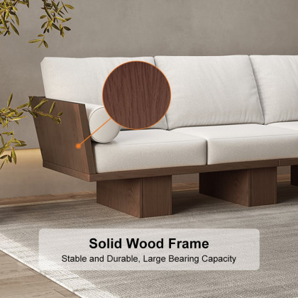HMR - 97" Walnut Japandi Solid Wood Living Room Sofa 3-Seater Cotton & Linen Upholstery