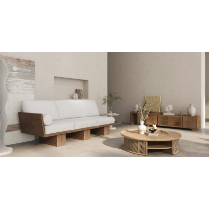 HMR - 97" Walnut Japandi Solid Wood Living Room Sofa 3-Seater Cotton & Linen Upholstery