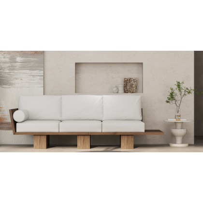 HMR - 97" Walnut Japandi Solid Wood Living Room Sofa 3-Seater Cotton & Linen Upholstery
