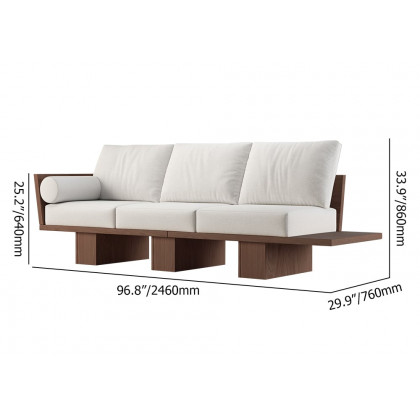 HMR - 97" Walnut Japandi Solid Wood Living Room Sofa 3-Seater Cotton & Linen Upholstery