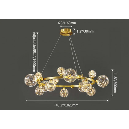 HMR Miglobe Gold Glass Globe LED Chandelier with Adjustable Cable - 15-Light