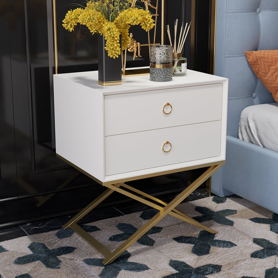 HMR - 19.7" Modern White Nightstand with 2 Drawers X-Shaped Pedestal
