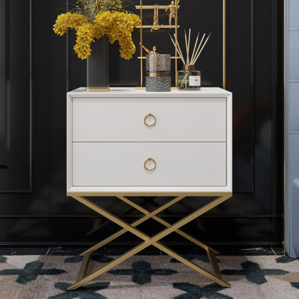 HMR - 19.7" Modern White Nightstand with 2 Drawers X-Shaped Pedestal