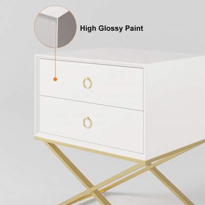 HMR - 19.7" Modern White Nightstand with 2 Drawers X-Shaped Pedestal
