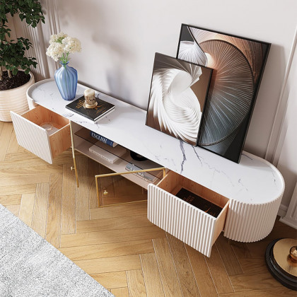 HMR - Palley Modern Oval TV Stand with Storage & Glass Doors in White for TV Up to 85 Inch