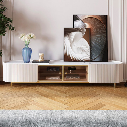 HMR - Palley Modern Oval TV Stand with Storage & Glass Doors in White for TV Up to 85 Inch