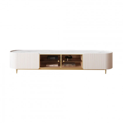 HMR - Palley Modern Oval TV Stand with Storage & Glass Doors in White for TV Up to 85 Inch