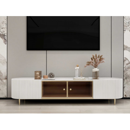 HMR - Palley Modern Oval TV Stand with Storage & Glass Doors in White for TV Up to 85 Inch