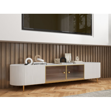 HMR - Palley Modern Oval TV Stand with Storage & Glass Doors in White for TV Up to 85 Inch