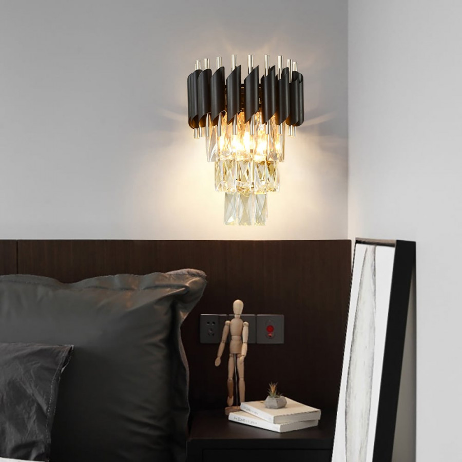 HMR - Postodern Half-Circle Wall Sconce 2- Light Tiered Wall Lighting with Crystal Shade