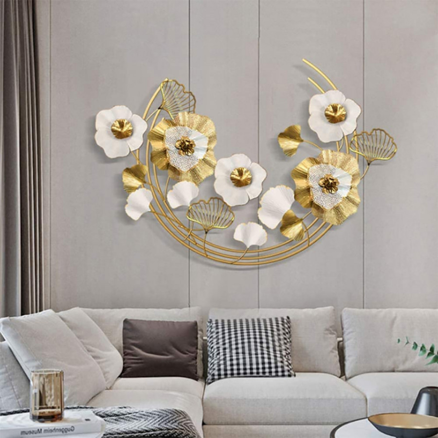 HMR - 47.2" Modern Metal Wall Decor Art with Gold & White Leaves & Flowers for Living Room