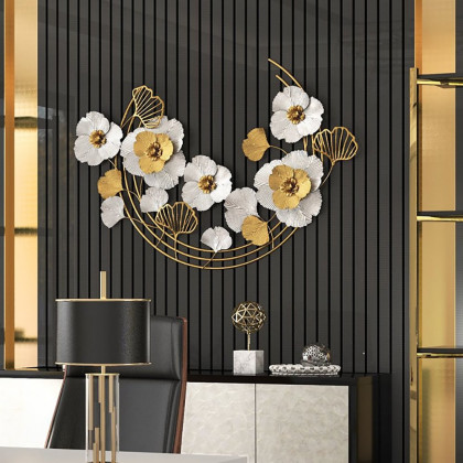 HMR - 47.2" Modern Metal Wall Decor Art with Gold & White Leaves & Flowers for Living Room