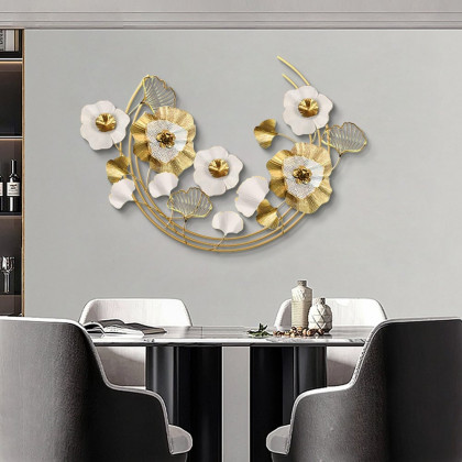 HMR - 47.2" Modern Metal Wall Decor Art with Gold & White Leaves & Flowers for Living Room