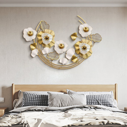 HMR - 47.2" Modern Metal Wall Decor Art with Gold & White Leaves & Flowers for Living Room