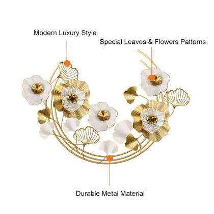 HMR - 47.2" Modern Metal Wall Decor Art with Gold & White Leaves & Flowers for Living Room