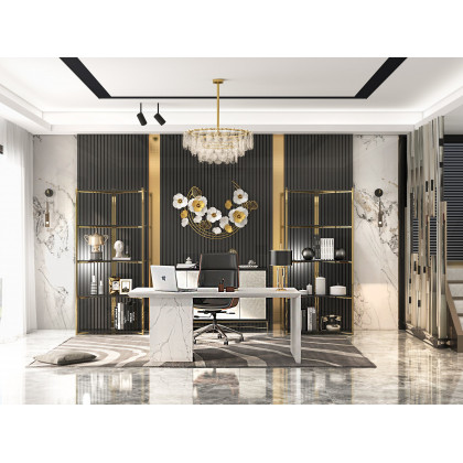 HMR - 47.2" Modern Metal Wall Decor Art with Gold & White Leaves & Flowers for Living Room