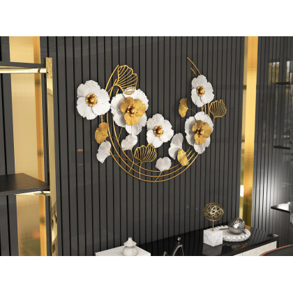 HMR - 47.2" Modern Metal Wall Decor Art with Gold & White Leaves & Flowers for Living Room