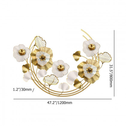 HMR - 47.2" Modern Metal Wall Decor Art with Gold & White Leaves & Flowers for Living Room