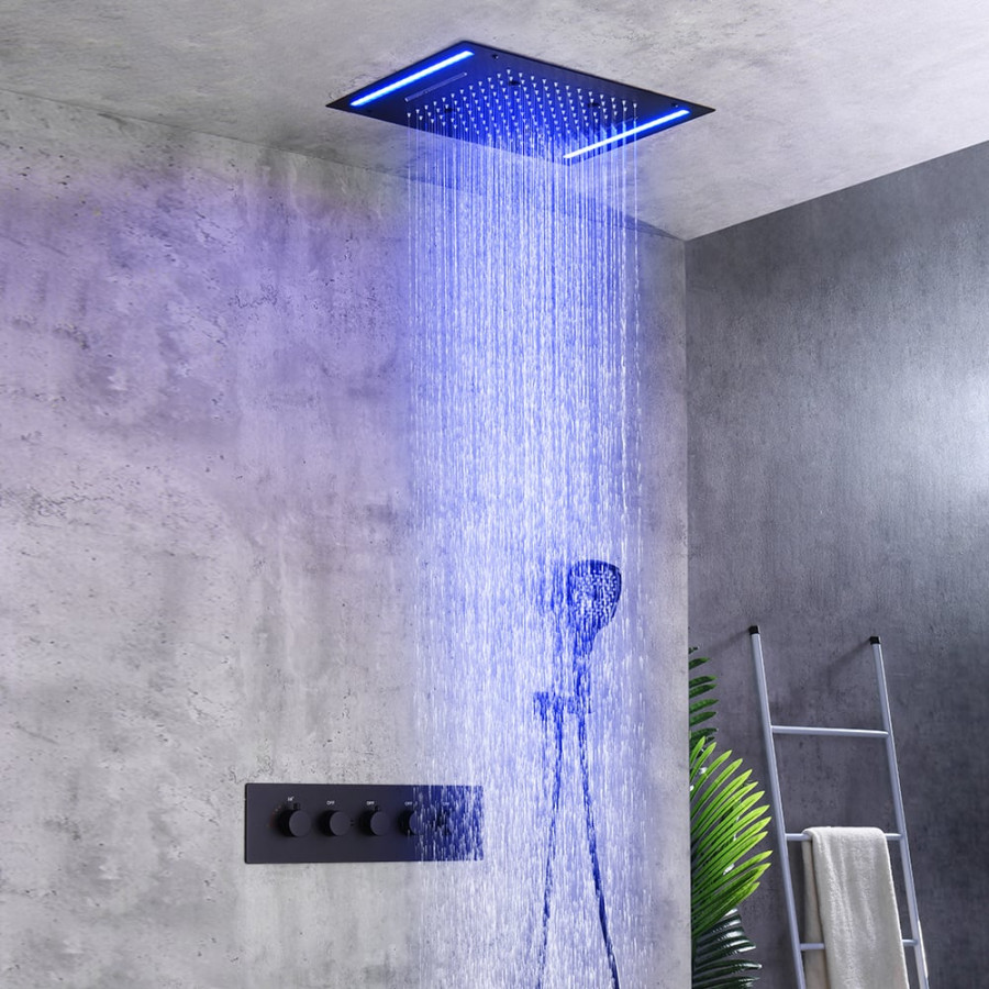 HMR - 20" Ceiling Mounted Thermostatic Rainfall Shower System 4 Functions LED Light in Black