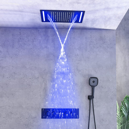 HMR - 20" Ceiling Mounted Thermostatic Rainfall Shower System 4 Functions LED Light in Black