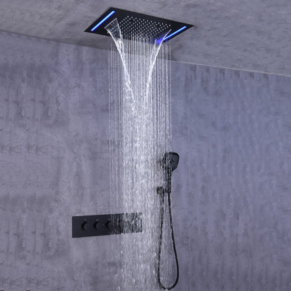 HMR - 20" Ceiling Mounted Thermostatic Rainfall Shower System 4 Functions LED Light in Black