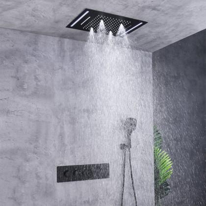 HMR - 20" Ceiling Mounted Thermostatic Rainfall Shower System 4 Functions LED Light in Black