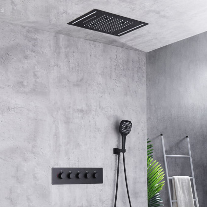 HMR - 20" Ceiling Mounted Thermostatic Rainfall Shower System 4 Functions LED Light in Black