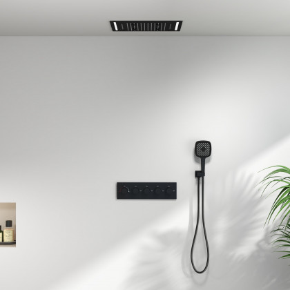 HMR - 20" Ceiling Mounted Thermostatic Rainfall Shower System 4 Functions LED Light in Black