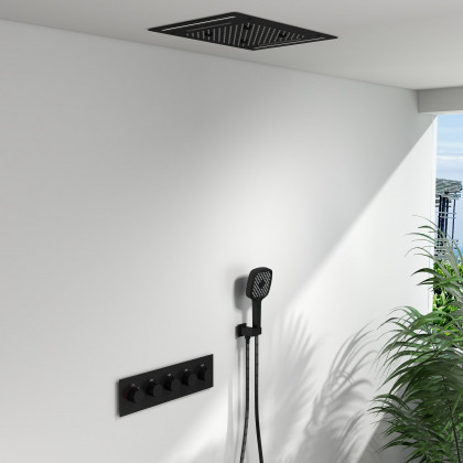 HMR - 20" Ceiling Mounted Thermostatic Rainfall Shower System 4 Functions LED Light in Black