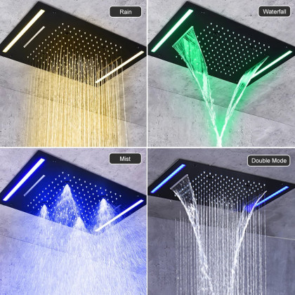 HMR - 20" Ceiling Mounted Thermostatic Rainfall Shower System 4 Functions LED Light in Black