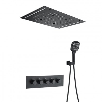 HMR - 20" Ceiling Mounted Thermostatic Rainfall Shower System 4 Functions LED Light in Black