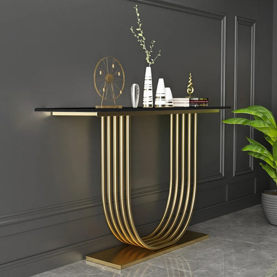 HMR - 47.2" Black Solid Wood Narrow Console Table Gold Metal Pedestal Entryway Table