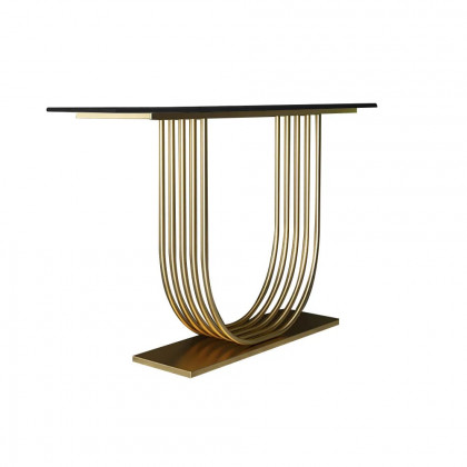 HMR - 47.2" Black Solid Wood Narrow Console Table Gold Metal Pedestal Entryway Table