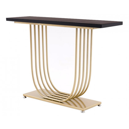 HMR - 47.2" Black Solid Wood Narrow Console Table Gold Metal Pedestal Entryway Table