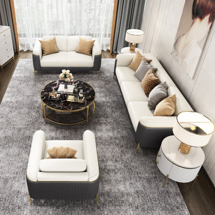 HMR - Vertex Gray & Beige Modern Living Room Set Leather Upholstered Sofa Set Pillow Included