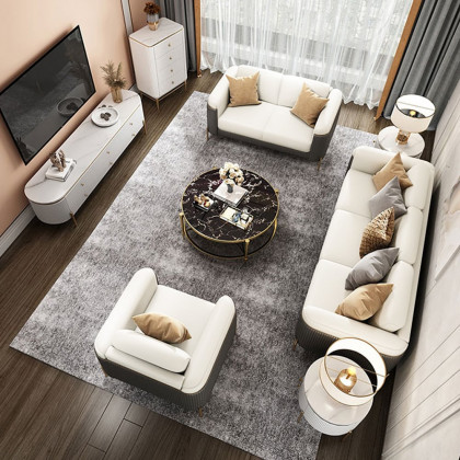 HMR - Vertex Gray & Beige Modern Living Room Set Leather Upholstered Sofa Set Pillow Included