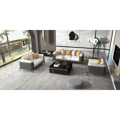 HMR - Vertex Gray & Beige Modern Living Room Set Leather Upholstered Sofa Set Pillow Included