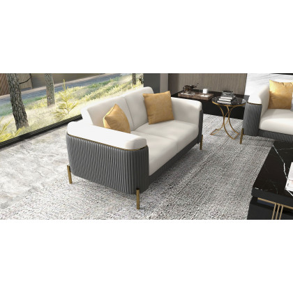 HMR - Vertex Gray & Beige Modern Living Room Set Leather Upholstered Sofa Set Pillow Included