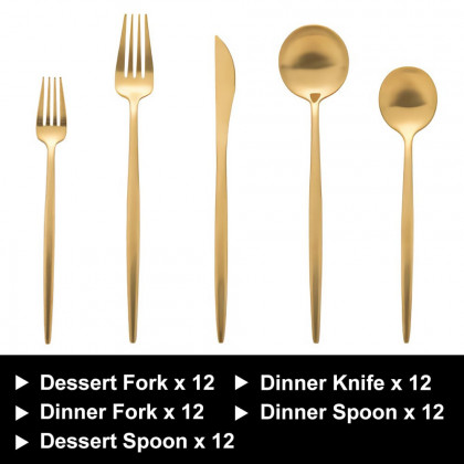 HMR - 60 Pieces Brushed Gold Stainless Steel Flatware Set, Service for 12