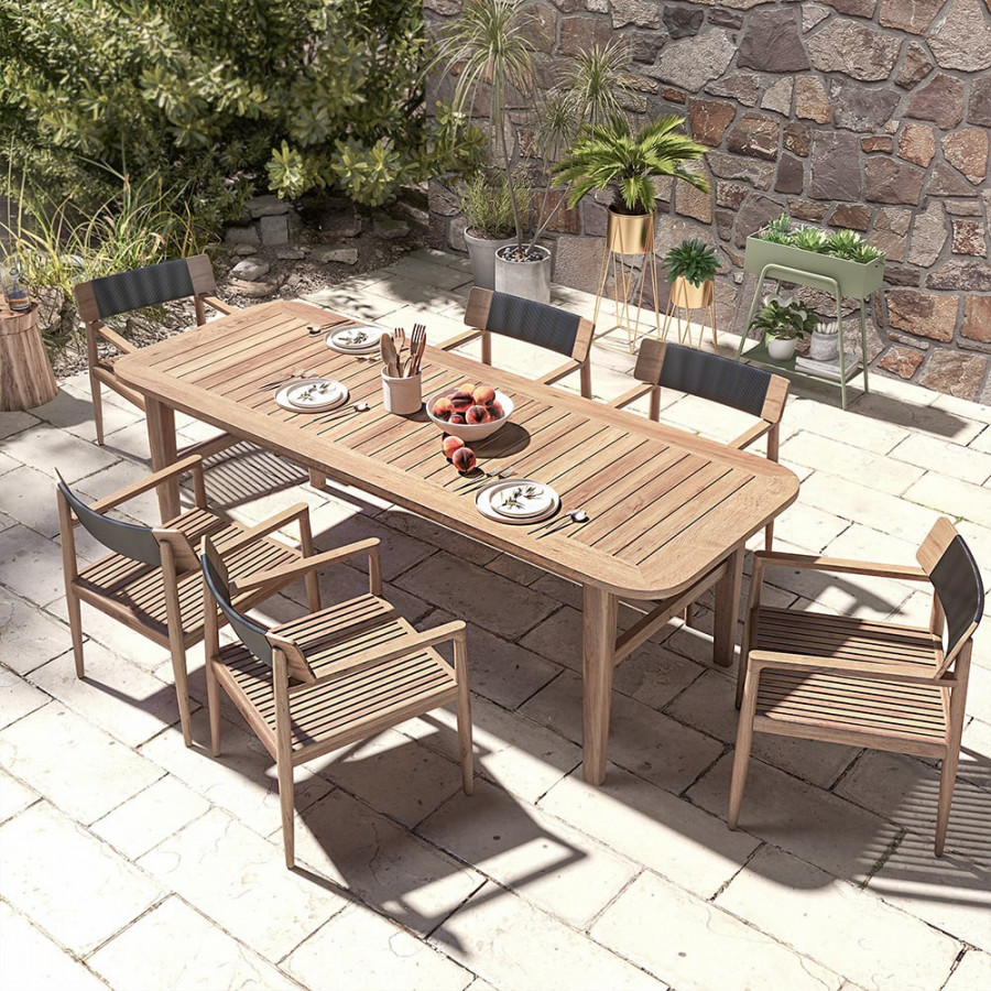 HMR - 7-Pieces Modern Outdoor Dining Set with Wood Table and Chair in Natural