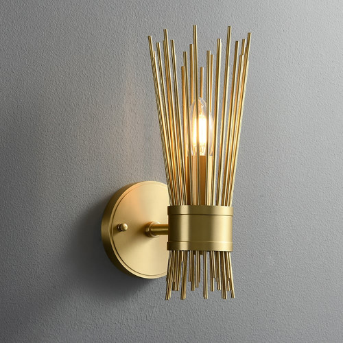 HMR Jella Modern Light Brass Wall Sconce in Wheat-Straw Lampshade - 1-Light