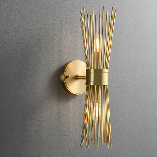 HMR Jella Modern Light Brass Wall Sconce in Wheat-Straw Lampshade - 2-Light