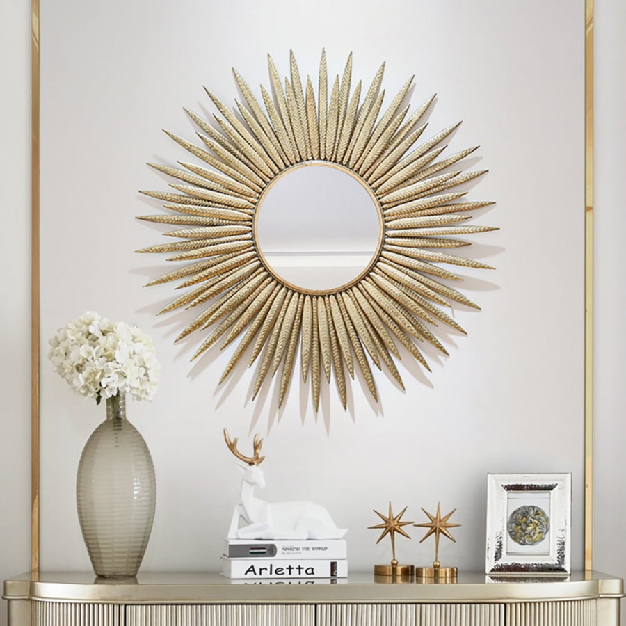 HMR - 33.7" Luxury Creative Gold Sunburst Large Metal Wall Mirror Decor Art for Living Room