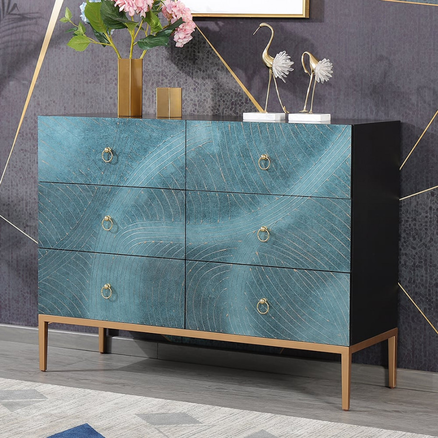 HMR - 47" Blue-Green Dresser Artistic 6-Drawer Bedroom Cabinet in Gold