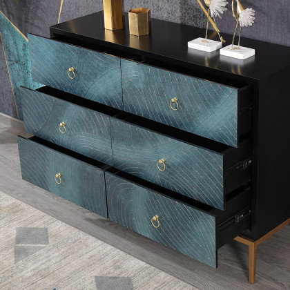 HMR - 47" Blue-Green Dresser Artistic 6-Drawer Bedroom Cabinet in Gold
