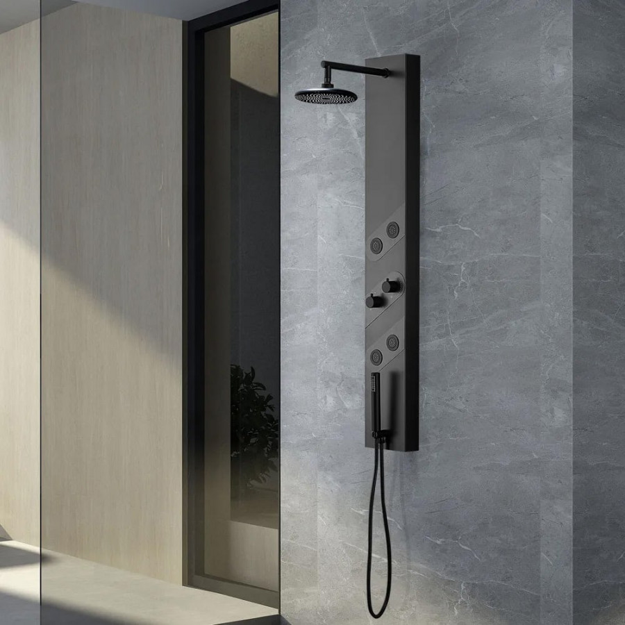 HMR - 55" Black Rainfall Shower Panel with Handheld Shower Adjustable Showerhead & Body Jets