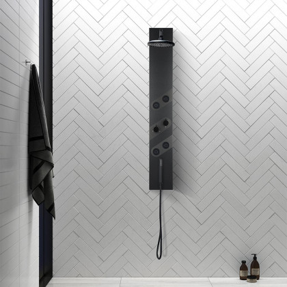HMR - 55" Black Rainfall Shower Panel with Handheld Shower Adjustable Showerhead & Body Jets